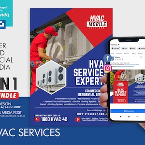 HVAC Company Promotional Flyer and Social Media Combo Promotional Canva Template 01