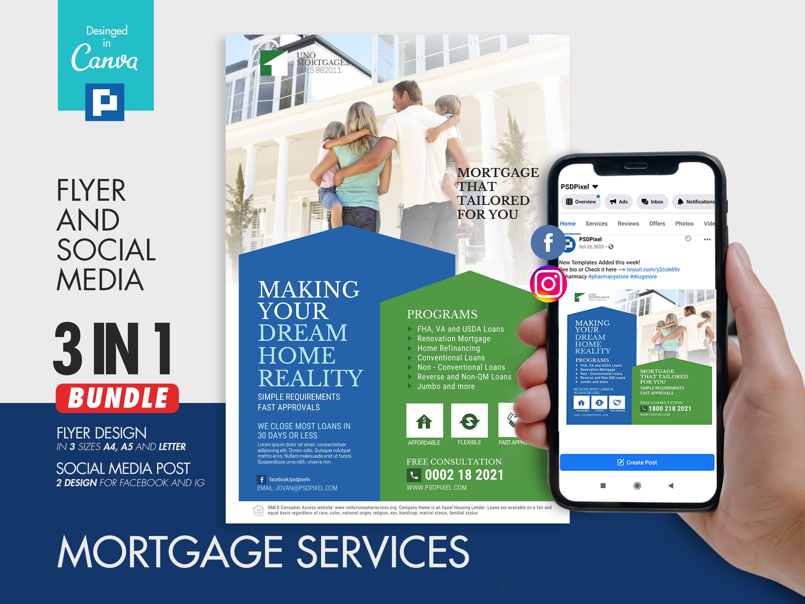Mortgage Program and Services Flyer and Social Media Combo Promotional Canva Template