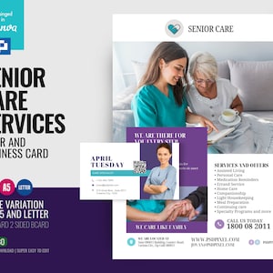May include: A flyer and business card for a senior care service. The flyer features a photo of a caregiver helping an elderly woman read a book. The business card has a purple background with the text "April Tuesday" and contact information. The flyer text includes "Senior Care Services", "We are there for you every step", "We care like family", and "Services and Offers".