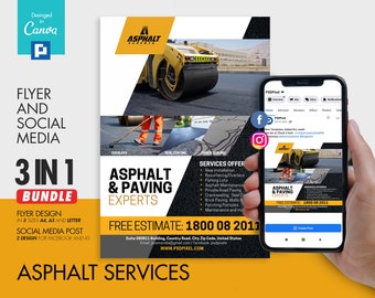 Asphalt Company Promotional Flyer and Social Media Combo Promotional Canva Template