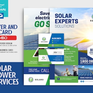 Sjabloon voor flyers en visitekaartjes van zonne-energiebedrijf en zonnepaneelservices printen combinatiecanva