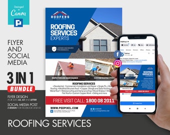 Roofing Installers Flyer and Social Media Combo Promotional Canva Template