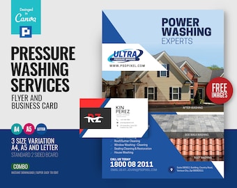 Power Washing Services Flyer and Business card DIY Flyer template in Canva