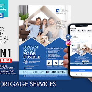 Puede incluir: Un folleto azul y blanco anuncia servicios hipotecarios con el texto "Dream Home Made Possible" y "Call Us Today 0002 18 2021". El folleto presenta una foto de una familia sonriendo frente a una casa. Una publicación en redes sociales en un teléfono inteligente muestra un diseño similar con el texto "Mortgage That Tailored For Your Needs".