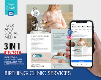 Pregnancy and Childbirth Clinic Flyer and Social Media Combo Promotional Canva Template