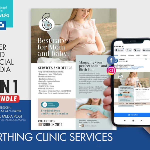 Pregnancy and Childbirth Clinic Flyer and Social Media Combo Promotional Canva Template