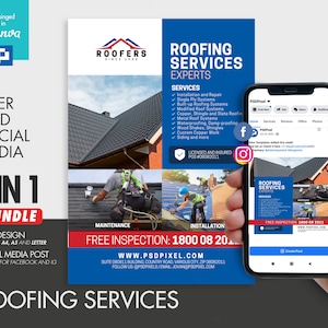 Roofing Promotional Flyer and Social Media Combo Promotional Canva Template