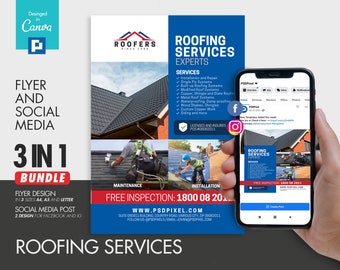 Roofing Promotional Flyer and Social Media Combo Promotional Canva Template