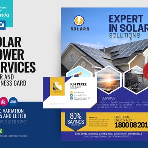 Sjabloon flyer voor zonne-energieservices en visitekaartjes in Canva