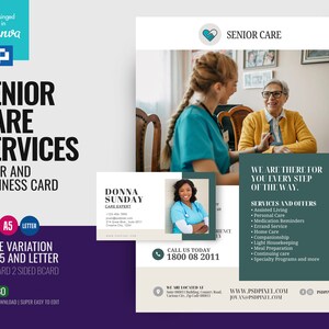 Może przedstawiać: Projekt ulotki i wizytówki dla usług opieki nad seniorami. Projekt zawiera tekst "SENIOR CARE SERVICES" i "FLYER AND BUSINESS CARD". Ulotka zawiera zdjęcie opiekuna i starszej kobiety. Wizytówka zawiera zdjęcie uśmiechniętej kobiety.