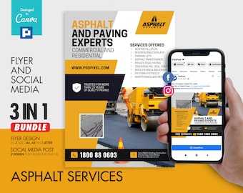 Asphalt Services Promotional Flyer and Social Media Combo Promotional Canva Template