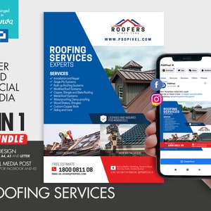 Roofing Contractor Flyer and Social Media Combo Promotional Canva Template