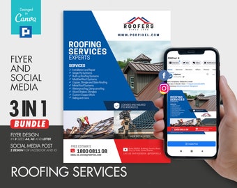 Roofing Contractor Flyer and Social Media Combo Promotional Canva Template