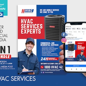 HVAC Heating and Cooling Expert Flyer and Social Media Combo Promotional Canva Template