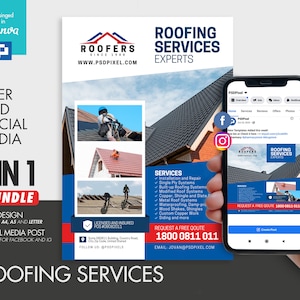 Roofing Services Experts Flyer and Social Media Combo Promotional Canva Template