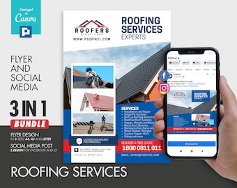 Roofing Services Experts Flyer and Social Media Combo Promotional Canva Template
