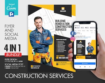 Builder Construction Services Company Flyer and Social Media Combo Promotional Canva Template