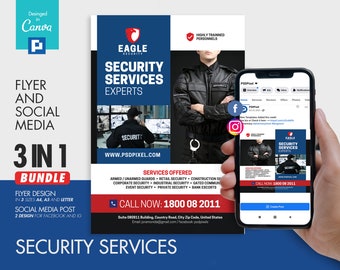 Flyer de société de sécurité privée et modèle de canva promotionnel combiné pour les médias sociaux