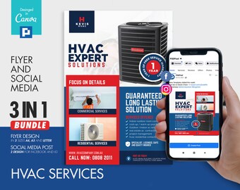 HVAC Installation and Repair Services Flyer and Social Media Combo Promotional Canva Template