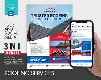 Roofing Professional Services Flyer and Social Media Combo Promotional Canva Template