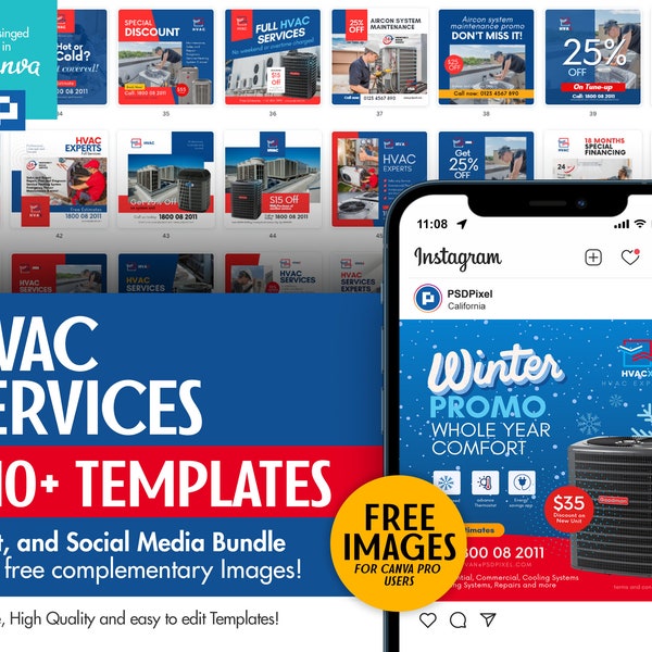 HVAC Heating, Ventilation, Air Conditioning Services Company Canva Print and Social Media Bundle