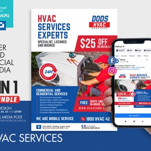 HVAC Installation and Maintenance Flyer and Social Media Combo Promotional Canva Template