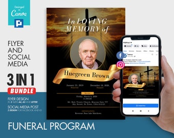 Funeral Program Invitation Flyer and Social Media Combo Promotional Canva Template
