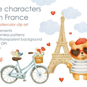 Clipart aquarelle mignon de Paris – Ours français, chat français, Tour Eiffel, vélo, croissant, baguette, motifs sans couture de macarons Clipart – PNG