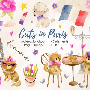 Clip Art de Acuarela de Gatos en París. Imágenes Prediseñadas de la Torre Eiffel. Imágenes prediseñadas románticas. Galería de imágenes en francés. Prediseñadas de viaje. Clipart de gatitos de acuarela.