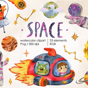 Watercolor Space ClipArt. Space Monster ClipArt. Astronaut Clipart. Planet Clip Art. Solar System, Rocket ship hand drawn ClipArt. Png.