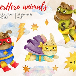 ClipArt de Animais Super-Heróis. ClipArt Fofo de Super-Heróis em Aquarela. Ilustrações de Animais em Aquarela. Desenhos de Animais Super-Heróis. Super-Heróis Fofos.