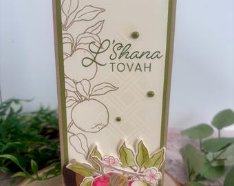 Handmade L'Shana Tovah Card | Apples, Honey, Rosh Hashanah Greeting (Slimline), Jewish New Year