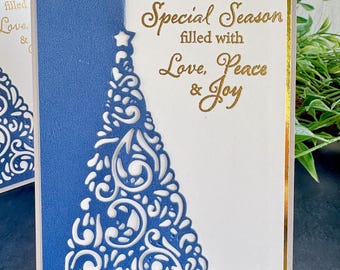 Handmade Blue Christmas Tree Card | Navy Gold Foil Embossed Holiday Greeting