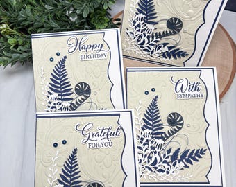 Handmade Botanical Cards | Navy Blue Ferns, Scalloped Edge, Coastal Palette