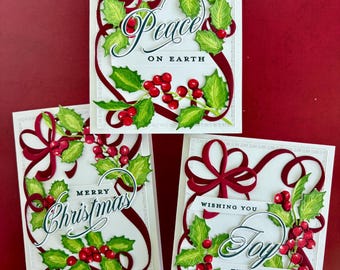Handmade Holly Berry Ribbon Bow Christmas Cards – Peace Joy Merry Holiday Greetings