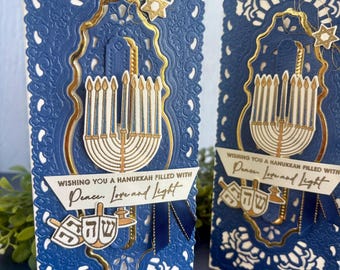 Handmade Slimline Hanukkah Card | Embossed Menorah, Gold Foil, Jewish Holiday Greeting