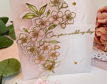 Elegant Handmade Pink Floral Vellum Overlay Wedding Card
