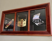 Framed Cigar Trio made from Reclaimed Cigar Band Labels - Cigar, Cigar Cutter, Matches, Whiskey Rocks Glass