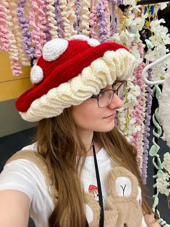Crochet Mushroom Bucket Hat - Handmade hat for festivals, fairs, cosplay, toadstool, medieval, red and white with Custom Colors Available