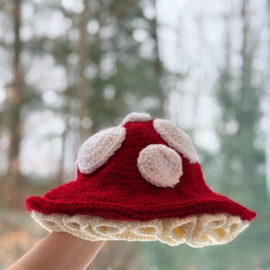 Crochet Mushroom Bucket Hat - Handmade hat for festivals, fairs, cosplay, toadstool, medieval, red and white with Custom Colors Available image 2