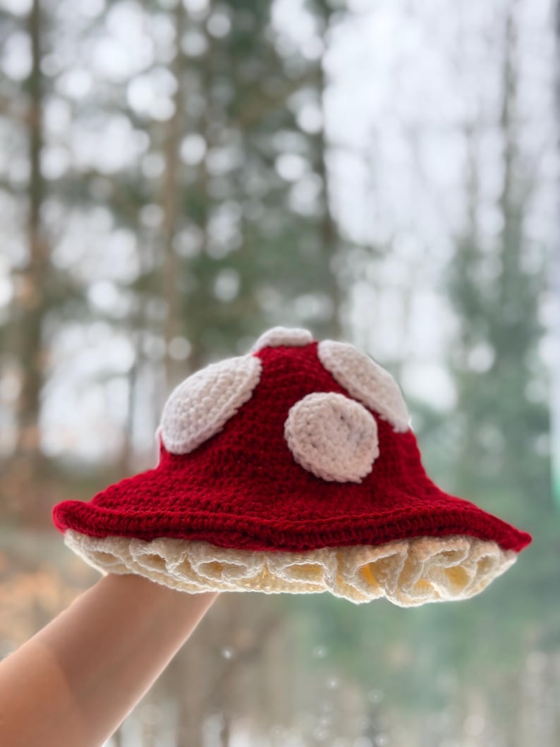 Crochet Mushroom Bucket Hat - Handmade hat for festivals, fairs, cosplay, toadstool, medieval, red and white with Custom Colors Available image 2