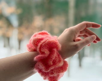 Handmade XL Crochet Mohair Scrunchie - Pink & Orange