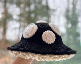 Crochet Mushroom Bucket Hat - Handmade hat for festivals, fairs, cosplay, toadstool, black and white