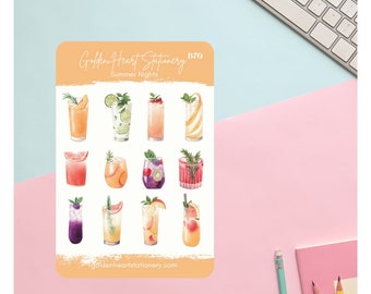 Summer Nights Sticker Sheet - Cocktail stickers for planner, bullet journal, agenda, calendar, drinks realistic looking stickers