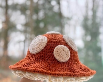 Crochet Mushroom Bucket Hat - Handmade hat for festivals, fairs, cosplay, toadstool, orange pumplin spice and white