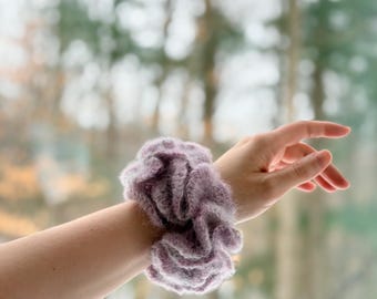 Handmade XL Crochet Mohair Scrunchie - Purple & Grey