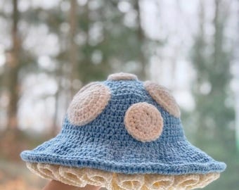 Crochet Mushroom Bucket Hat - Handmade hat for festivals, fairs, cosplay, toadstool, blue and white