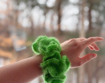 Handmade XL Crochet Mohair Scrunchie - Bright Green