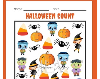 May include: A printable Halloween counting activity worksheet with a colourful illustration of various Halloween characters and objects. The worksheet includes a title "Halloween Count" and instructions to "Find and count the following Halloween items."  The items to count are: spiders, candy corn, pumpkins, witches, and monsters.