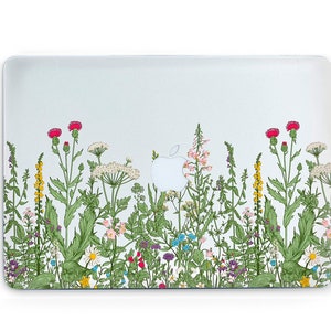 May include: A white laptop case with a floral design. The design features a variety of flowers and plants in shades of pink, yellow, green, and blue.